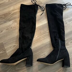 Steve Madden thigh high boot, black suede Shaft 18.75”, heel 3.75”. Size 8